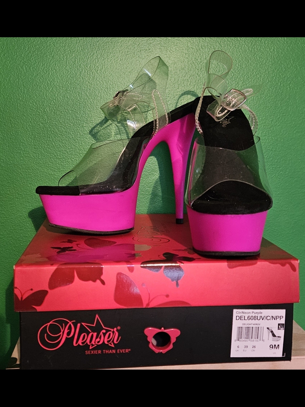 Pleaser Neon Pink Clear Strap Platform Heels